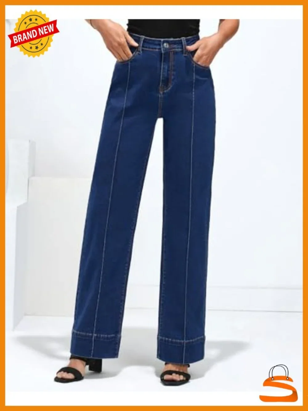 High Rise Wide Leg Stretchy Baggy Jeans with Front Seam